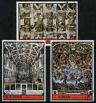 Ajman 1972 The Sistine Chapel by Michelangelo perf set of 3 cto used, Mi 1874-76, stamps on arts, stamps on michelangelo, stamps on churches, stamps on renaissance