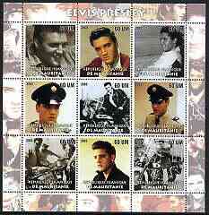 Mauritania 2003 Elvis Presley perf sheetlet containing set of 9 values unmounted mint (3 stamps with Elvis on Motorcycles), stamps on personalities, stamps on elvis, stamps on films, stamps on music, stamps on cinema, stamps on motorbikes