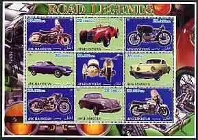 Afghanistan 2001 Road Legends perf sheetlet containing set of 9 values unmounted mint (5 Motorcycles & 4 cars), stamps on cars, stamps on motorbikes, stamps on 