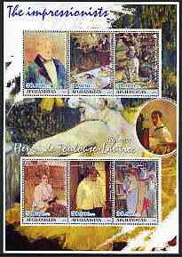 Afghanistan 2001 The Impressionists - Toulouse-Lautrec perf sheetlet containing set of 6 values unmounted mint, stamps on arts, stamps on toulouse lautrec