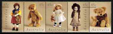 Australia 1997 Dolls & Teddy Bears perf strip of 5 unmounted mint, SG 1693a, stamps on children, stamps on dolls, stamps on toys, stamps on teddy bears