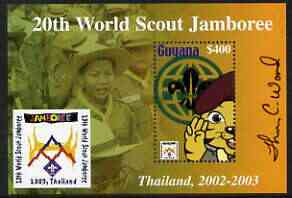 Guyana 2003 World Scout Jamboree perf m/sheet containing $400 value, signed by Thomas C Wood the designer, stamps on scouts, stamps on 
