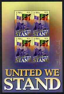 St Kitts 2002 United We Stand perf sheetlet containing block of 4, signed by Thomas C Wood the designer, stamps on flags, stamps on fire, stamps on police