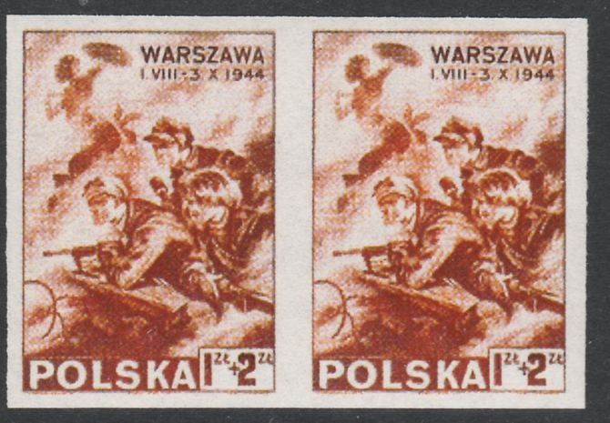 Poland 1944 Relief Fund for Warsaw Rising imperf pair being a Hialeah forgery on gummed paper (as SG 498), stamps on battles, stamps on  ww2 , stamps on forgery, stamps on forgeries