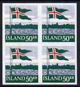 Iceland 1958 40th Anniversary of Flag 50k imperf block of 4 being a Hialeah forgery on gummed paper (as SG 359), stamps on flags, stamps on forgery, stamps on forgeries