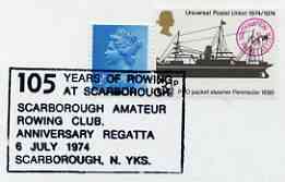 Postmark - Great Britain 1974 card bearing special cancellation for 150 years of Rowing at Scarborough, stamps on rowing, stamps on sport