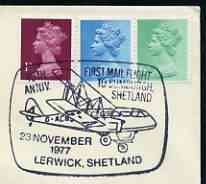 Postmark - Great Britain 1977 cover bearing illustrated cancellation for 40th Anniversary First Mail Flight to Sumburgh (Lerwick), stamps on aviation, stamps on postal