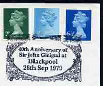 Postmark - Great Britain 1979 cover bearing illustrated cancellation for 40th Anniversary of Sir John Gielgud at Blackpool, stamps on personalities, stamps on entertainments, stamps on theatres