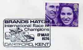 Postmark - Great Britain 1974 cover bearing illustrated cancellation for Brands Hatch International Race of Champions, stamps on , stamps on  stamps on cars, stamps on  stamps on  f1 , stamps on  stamps on racing cars
