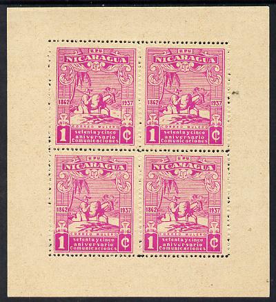 Nicaragua 1937 75th Anniversary of Postal Administration 1c magenta Mule Transport perf sheetlet containing 4 values without gum (as issued) mounted in margins, as SG 995, stamps on postal, stamps on transport, stamps on horses