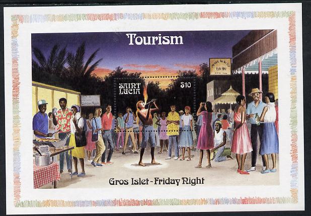 St Lucia 1986 Tourism (Fire-Eating) m/sheet (SG MS 918) unmounted mint, stamps on fire, stamps on tourism