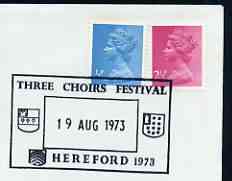 Postmark - Great Britain 1973 cover bearing illustrated cancellation for Three Choirs Festival, Hereford, stamps on music, stamps on arms, stamps on heraldry