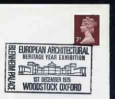 Postmark - Great Britain 1975 cover bearing illustrated cancellation for European Architectural Heritage Year (Woodstock), stamps on architecture