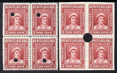 Newfoundland 1941-44 KG6 Queen Mother 3c in perf & imperf matched proof blocks of 4 from archives with checker's mark highlighting a variety for retouching, each stamp with Waterlow security punch hole, some wrinkling but probably UNIQUE (as SG 278), stamps on , stamps on  kg6 , stamps on royalty, stamps on queen mother