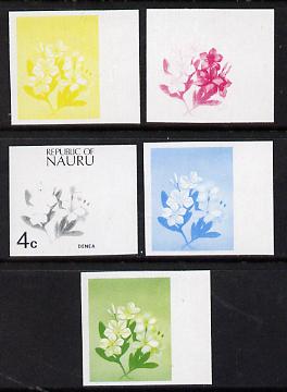 Nauru 1973 Plant (Denea) 4c definitive (SG 102) set of 5 unmounted mint IMPERF progressive proofs on gummed paper (blue, magenta, yelow, black and blue & yellow), stamps on flowers