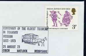 Postmark - Great Britain 1973 cover bearing illustrated cancellation for Centenary of Oldest Tramcar in Crich Tramway Museum, stamps on buses, stamps on transport, stamps on trams, stamps on museums, stamps on horses