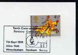 Postmark - Great Britain 1974 card bearing illustrated cancellation for 10th Commonwealth Forestry Conference, stamps on , stamps on  stamps on trees, stamps on  stamps on microscopes, stamps on  stamps on chemistry