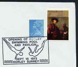 Postmark - Great Britain 1973 cover bearing illustrated cancellation for Opening of Horley Swimming Pool, stamps on swimming