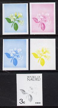 Nauru 1973 Plant (Rimone) 3c definitive (SG 101) set of 5 unmounted mint IMPERF progressive proofs on gummed paper (blue, magenta, yelow, black and blue & yellow), stamps on flowers