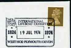Postmark - Great Britain 1974 card bearing illustrated cancellation for International Lifeboat Exhibition (Plymouth), stamps on lifeboats, stamps on rescue