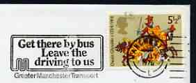 Postmark - Great Britain 1975 cover bearing illustrated slogan cancellation for 'Get there by Bus, Leave the driving to us' Manchester, stamps on buses, stamps on transport