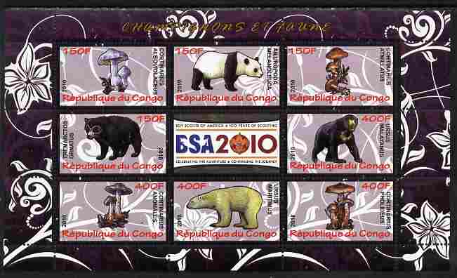 Congo 2010 Mushrooms & Fauna #01 perf sheetlet containing 8 values plus Scouts labels unmounted mint, stamps on , stamps on  stamps on fungi, stamps on  stamps on scouts, stamps on  stamps on animals, stamps on  stamps on bears, stamps on  stamps on 