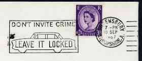 Postmark - Great Britain 1967 cover bearing illustrated slogan cancellation for Dont Invite Crime - Leave it Locked, stamps on cars, stamps on  law , stamps on crime