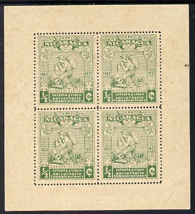 Nicaragua 1937 75th Anniversary of Postal Administration 1/2c green Letter Carrier perf sheetlet containing 4 values without gum (as issued) mounted in margins, as SG904, stamps on postal, stamps on postman