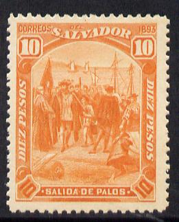 El Salvador 1893 Columbus - Departure from Palos 10p orange mounted mint SG 79, stamps on columbus, stamps on explorers