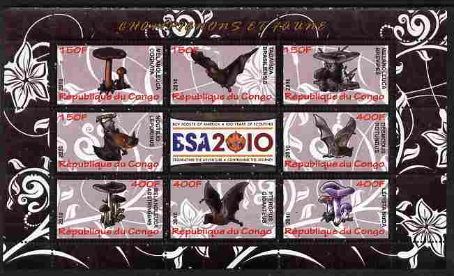 Congo 2010 Mushrooms & Fauna #02 perf sheetlet containing 8 values plus Scouts label unmounted mint, stamps on fungi, stamps on scouts, stamps on animals, stamps on bats, stamps on mammals