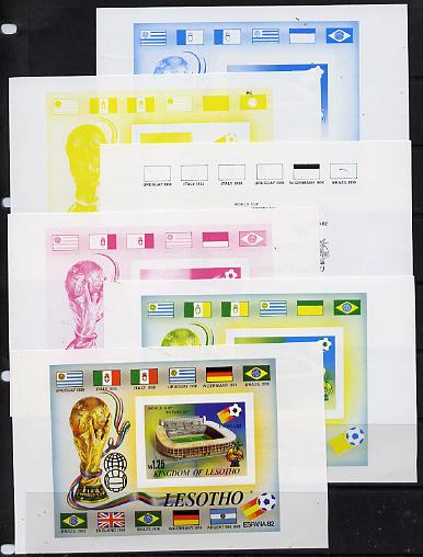 Lesotho 1982 Flags of Winning Nations - World Cup Football m/sheet the set of 6 imperf progressive proofs comprising the 4 main individual colours plus 2 different combin..., stamps on flags, stamps on football, stamps on sport