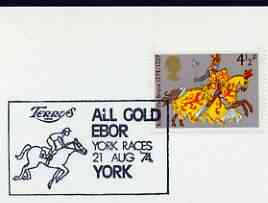 Postmark - Great Britain 1974 card bearing illustrated slogan cancellation for Terrys All Gold Ebor, York Races, stamps on sport, stamps on horses, stamps on horse racing