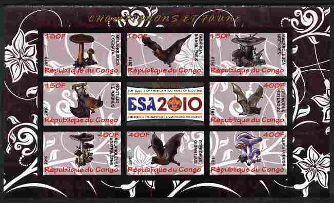 Congo 2010 Mushrooms & Fauna #02 imperf sheetlet containing 8 values plus Scouts label unmounted mint, stamps on fungi, stamps on scouts, stamps on animals, stamps on bats, stamps on mammals