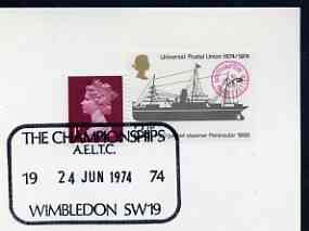 Postmark - Great Britain 1974 card bearing special cancellation for All England Lawn Tennis Championship, Wimbledon, stamps on sport, stamps on tennis