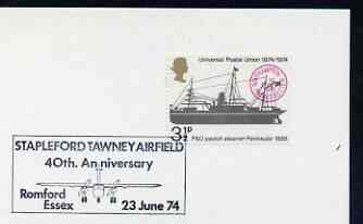 Postmark - Great Britain 1974 card bearing illustrated cancellation for Stapleford Tawney Airfield, 40th Anniversary, stamps on aviation, stamps on airports