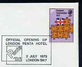Postmark - Great Britain 1973 cover bearing illustrated cancellation for opening of London Penta Hotel, stamps on hotels