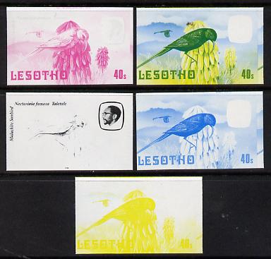 Lesotho 1982 Malachite Sunbird 40s the set of 5 imperf progressive proofs comprising the 4 individual colours, plus blue & yellow, scarce (as SG 508), stamps on , stamps on  stamps on birds     sunbird