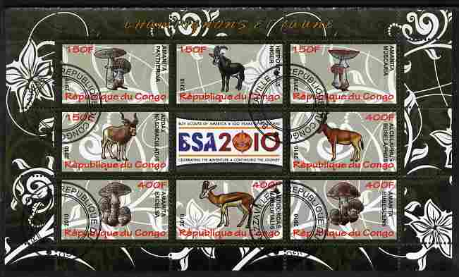 Congo 2010 Mushrooms & Fauna #04 perf sheetlet containing 8 values plus Scouts label fine cto used, stamps on fungi, stamps on scouts, stamps on animals, stamps on ovine, stamps on antelope