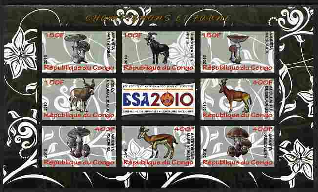 Congo 2010 Mushrooms & Fauna #04 imperf sheetlet containing 8 values plus Scouts label unmounted mint, stamps on fungi, stamps on scouts, stamps on animals, stamps on ovine, stamps on antelope