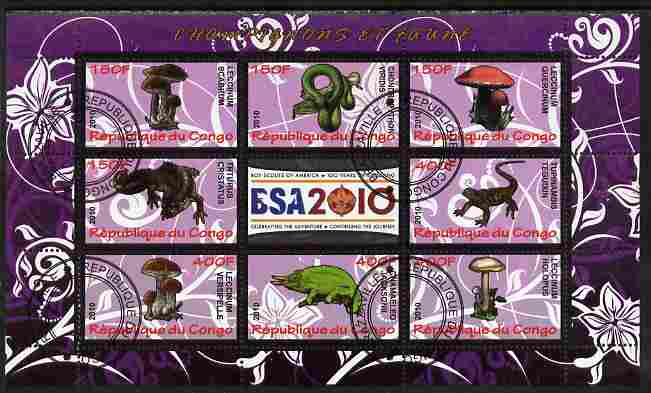 Congo 2010 Mushrooms & Fauna #05 perf sheetlet containing 8 values plus Scouts label fine cto used, stamps on fungi, stamps on scouts, stamps on animals, stamps on reptiles, stamps on snakes, stamps on crocodiles, stamps on lizards