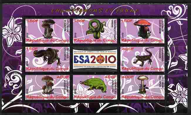 Congo 2010 Mushrooms & Fauna #05 perf sheetlet containing 8 values plus Scouts label unmounted mint, stamps on fungi, stamps on scouts, stamps on animals, stamps on reptiles, stamps on snakes, stamps on crocodiles, stamps on lizards