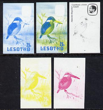 Lesotho 1981 Malachite Kingfisher 25s the set of 5 imperf progressive proofs comprising the 4 individual colours, plus blue & yellow, unmounted mint and scarce (as SG 444), stamps on , stamps on  stamps on birds   kingfisher