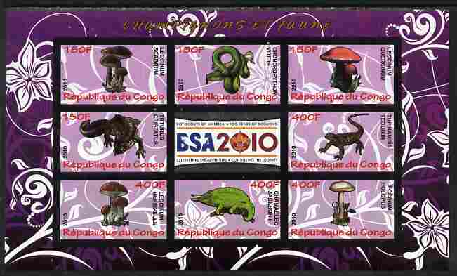 Congo 2010 Mushrooms & Fauna #05 imperf sheetlet containing 8 values plus Scouts label unmounted mint, stamps on fungi, stamps on scouts, stamps on animals, stamps on reptiles, stamps on snakes, stamps on crocodiles, stamps on lizards