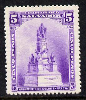 El Salvador 1893 Columbus - Statue at Genoa 5p violet mounted mint SG 78, stamps on columbus, stamps on explorers, stamps on statues