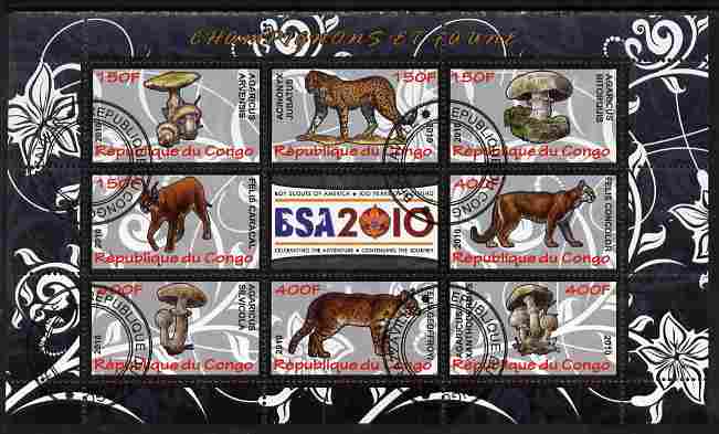 Congo 2010 Mushrooms & Fauna #07 perf sheetlet containing 8 values plus Scouts label fine cto used, stamps on fungi, stamps on scouts, stamps on animals, stamps on cats