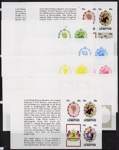 Lesotho 1981 Royal Wedding set of 3 in booklet panes as SG 451b x 9 imperf progressive proofs comprising various single colour or composite combinations, extremely scarce..., stamps on royalty, stamps on diana, stamps on charles, stamps on 