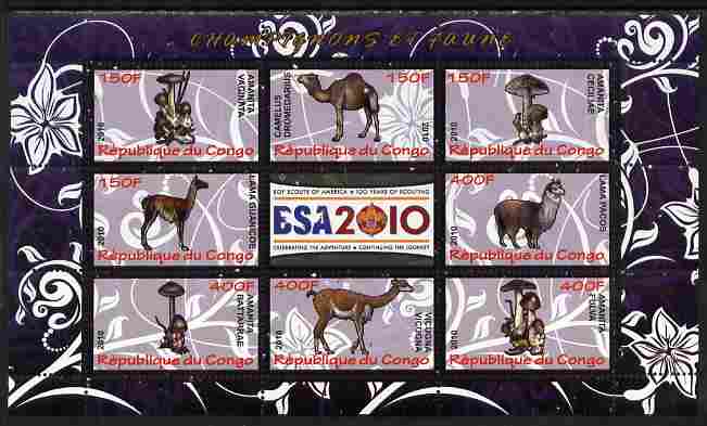 Congo 2010 Mushrooms & Fauna #08 perf sheetlet containing 8 values plus Scouts label unmounted mint, stamps on , stamps on  stamps on fungi, stamps on  stamps on scouts, stamps on  stamps on animals, stamps on  stamps on camels