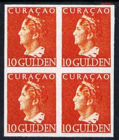 Netherlands - Curacao 1946 Queen Wilhelmina 10g imperf block of 4 being a Hialeah forgery on gummed paper unmounted mint (as SG 261), stamps on royalty, stamps on forgery, stamps on forgeries