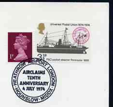 Postmark - Great Britain 1974 card bearing special cancellation for Heathrow Airport, Airclaims 10th Anniversary, stamps on airports