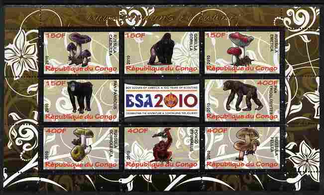 Congo 2010 Mushrooms & Fauna #09 perf sheetlet containing 8 values plus Scouts label unmounted mint, stamps on fungi, stamps on scouts, stamps on animals, stamps on apes